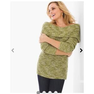 Chico's Women's Green Sequins Cowl Neck Chunky knit Pullover Sweaters Size 0